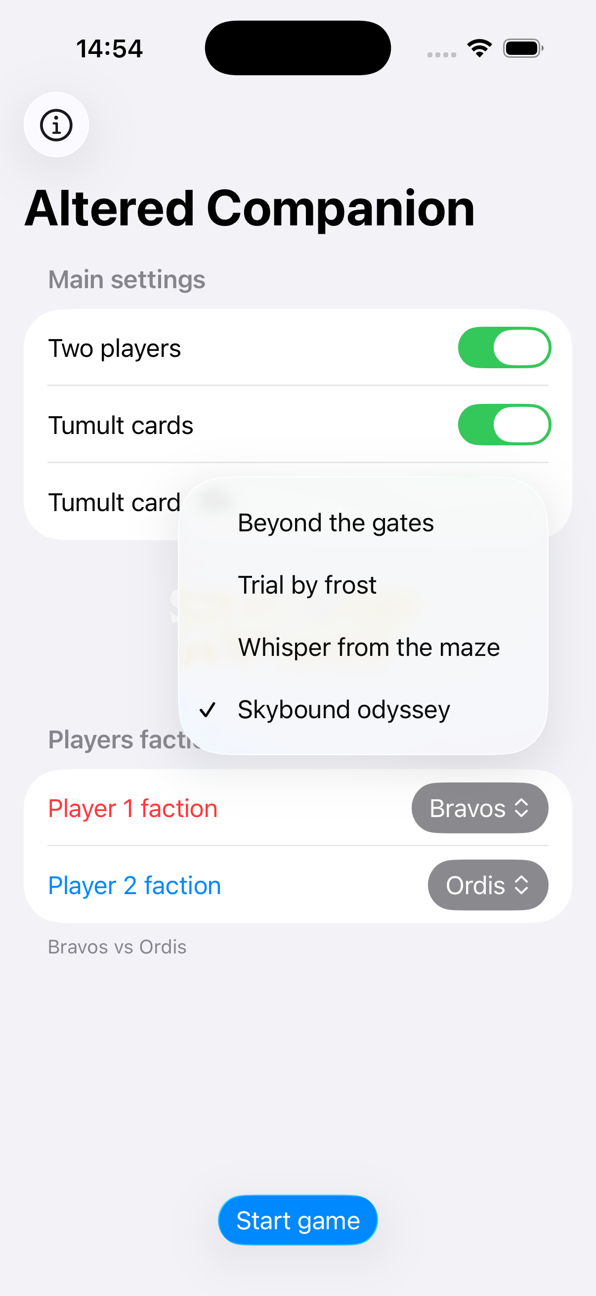 Tumult cards interface
